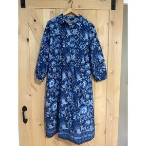 Talbots | NWOT Blue Cotton Whimsical Floral Tie Waist Midi Shirtdress | Size 16